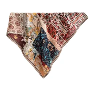 Japanese artistic retro velvet square scarf, double-sided printed vintage floral design.