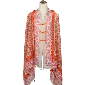 Women ethnic style tassel voile shawl with Chinese frog buttons elegant main view display