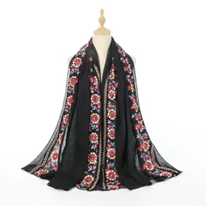 Black cotton linen embroidered shawl ethnic floral vintage long scarf women travel wrap