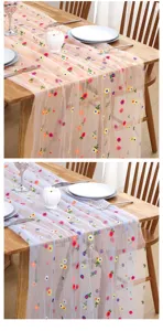 Detailed view of embroidered mesh table runner with colorful floral pattern for home decor.