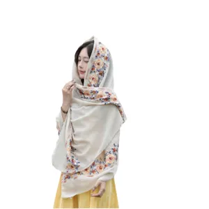 Ethnic style embroidered cotton linen shawl scarf for women travel photography cloak.
