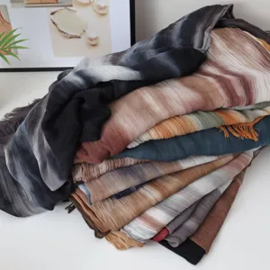 Women's Gradient Modal Cotton Scarf Fashion Digital Printed Tassels Shawl Lightweight Soft Travel Sun Protection Headscarf