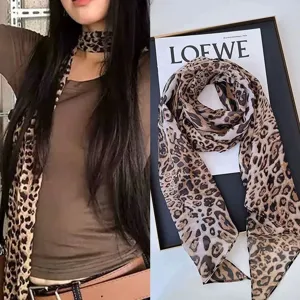 Women leopard print long scarf lightweight vintage neckerchief elegant stylish accessory