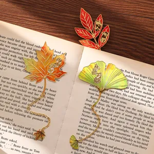 Retro metal leaf bookmark with chain, vintage reading marker for book lovers and students.