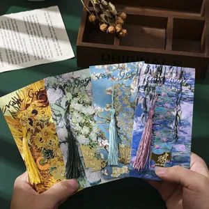 Retro Ölgemelde Metall Lesezeichen Set, exquisites Van Gogh Design mit eleganten Quasten als Geschenk.