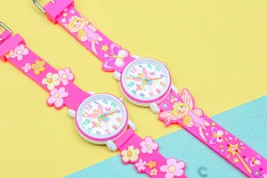 Leuke bloem cartoon fee kinderhorloge voor meisjes, stijlvol roze polshorloge.