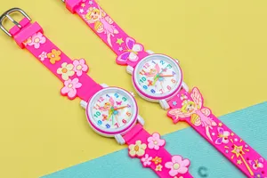 Kinderen schattige cartoon fee bloem quartz horloge met roze siliconen band en kleurrijke cijfers