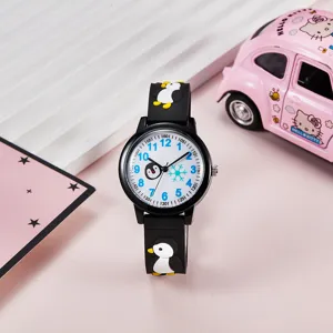 Montre à quartz noire pour enfants avec cadran pingouin mignon, bracelet silicone et chiffres bleus.