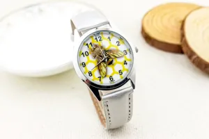 Children quartz watch with white dial, silver leather strap, and cute bee pattern for kids.