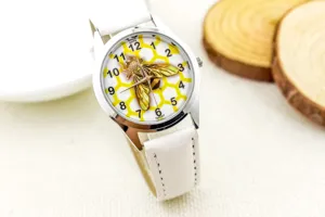 Kids cute bee quartz watch white leather strap cartoon wristwatch children gift detail
