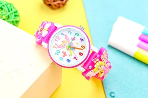 Kinderen cartoon fee quartz horloge roze siliconen band met kleurrijke cijfers meisjes