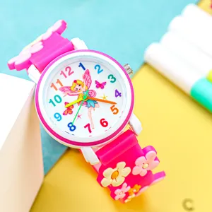 Leuke kinder horloge met fee en roze bloem siliconen band en kleurrijke cijfers.