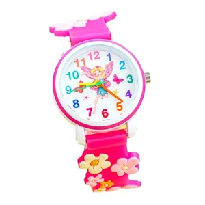 Leuke kinder cartoon fee quartz horloge met kleurrijke wijzerplaat cijfers en roze siliconen band.