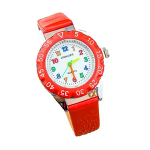 Orologio al quarzo per bambini cinturino rosso numeri colorati quadrante bianco chiaro per ragazzi.