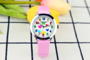 Kinder Quarzuhr bunte Zahlen weisses Zifferblatt rosa Lederarmband niedliche Kinderuhr