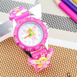 Cute 3D cartoon fairy girls watch, pink silicone strap, kids fashion quartz timepiece.