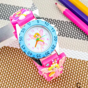Kids cartoon watch cute 3D fairy design pink silicone strap analog watch for girls.