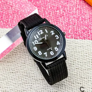 Children canvas quartz watch with black dial and clear numbers, casual style for kids.