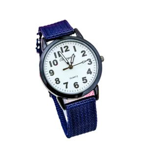 Kids blue nylon strap quartz watch with clear white dial and easy-to-read numbers main view