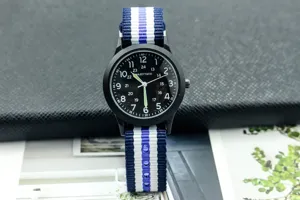 Men's outdoor quartz military watch with durable blue-white nylon strap and clear black dial.