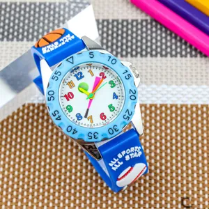 Kids sports cartoon watch featuring blue silicone strap and colorful numbers for boys daily wear.