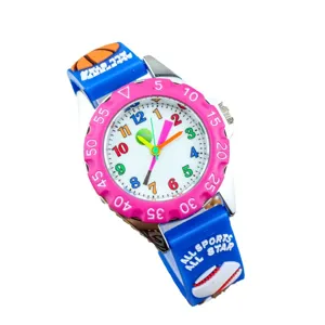 Colorful kids sports watch with silicone strap, pink bezel and clear numbers for boys and girls.