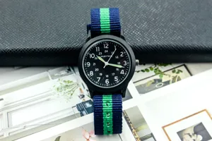 Children's fashion outdoor nylon strap military watch with black dial and clear number markers.