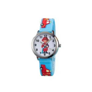 Montre quartz dessin animé pompier pour enfants avec aiguilles lumineuses et bracelet bleu.