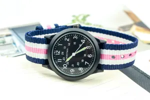 Detail view of a black tactical watch with colorful striped nylon strap and clear numeric dial.