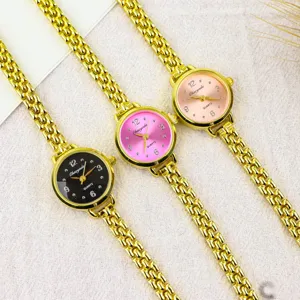 Women small dial quartz watch with gold chain strap, minimalist fashion casual timepiece.