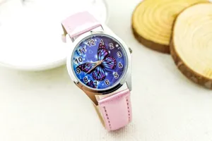 Kids pink strap quartz watch with cute butterfly dial, perfect gift for students and children.