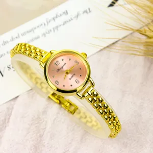 Women quartz watch elegant gold chain strap small pink dial fashion minimalist wrist watch