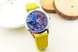 Children's cute butterfly quartz watch with yellow leather strap for daily wear and gift.