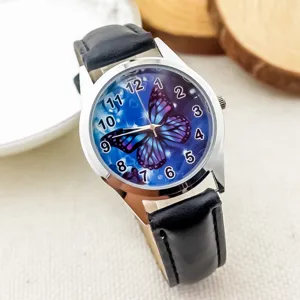 Kids cute butterfly quartz watch with black leather strap and clear dial for students.