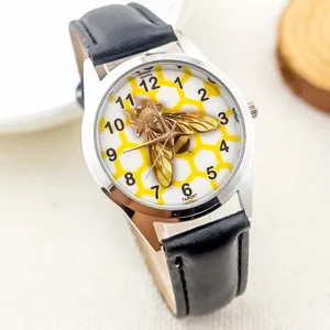 Children quartz watch with cute 3D golden bee dial and black leather strap for kids.