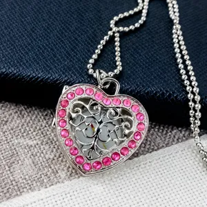 Kinderen hart medaillon hanger ketting met roze strass steentjes holle zakhorloge