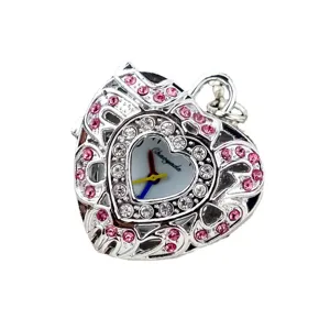 Leuke hartvormige strass zakhorloge voor meisjes, opengewerkte strass hanger ketting.