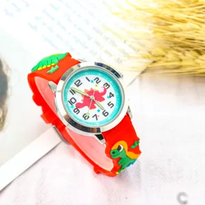 Kids cute dinosaur watch with red silicone strap and bright dial for boys and girls daily details.