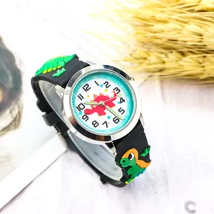 Children cute dinosaur quartz watch with black rubber strap and cartoon dial for kids.