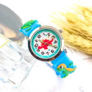 Kids cute dinosaur quartz watch with soft silicone strap and luminous hands for children.