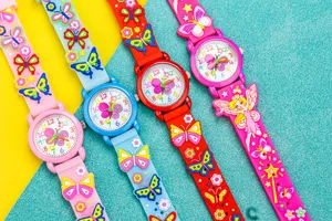 Children 3D butterfly silicone quartz watch detail view, vibrant colorful cartoon strap design.