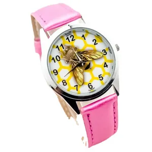Cute children quartz watch with pink leather strap 3d golden bee honeycomb dial for kids