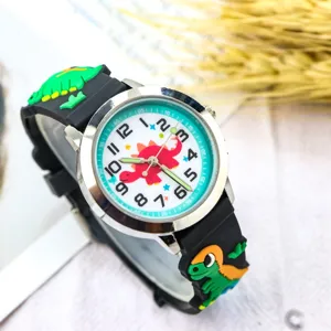 Kids cute dinosaur watch with black silicone strap, luminous hands and colorful dial.