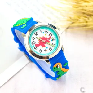 Children's cute dinosaur quartz watch with blue silicone strap and night light hands.