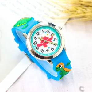 Children cute dinosaur quartz watch with blue silicone strap and clear dial numbers.