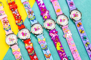 Cute 3d cartoon butterfly quartz watch detail shot, colorful silicone strap kids timepiece.