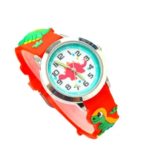 Cute kids dinosaur quartz watch with red silicone strap and funny cartoon dial for children.