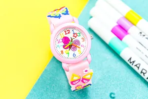 Cute 3D butterfly kids quartz watch with colorful dial numbers and stylish strap for lovely girls.