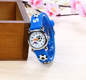 Detail view of a blue silicone kids cartoon watch featuring sports football design elements.