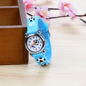 Details of children silicone quartz watch with cute 3D soccer and whistle pattern design.